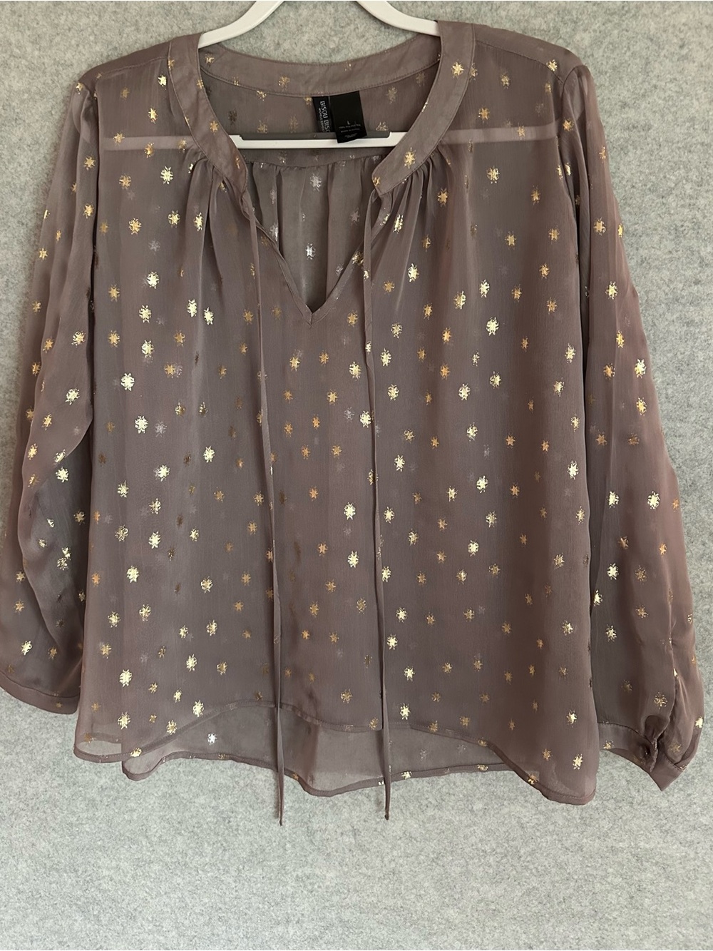 Bisou Bisou Taupe Sheer Blouse with Gold Star Print